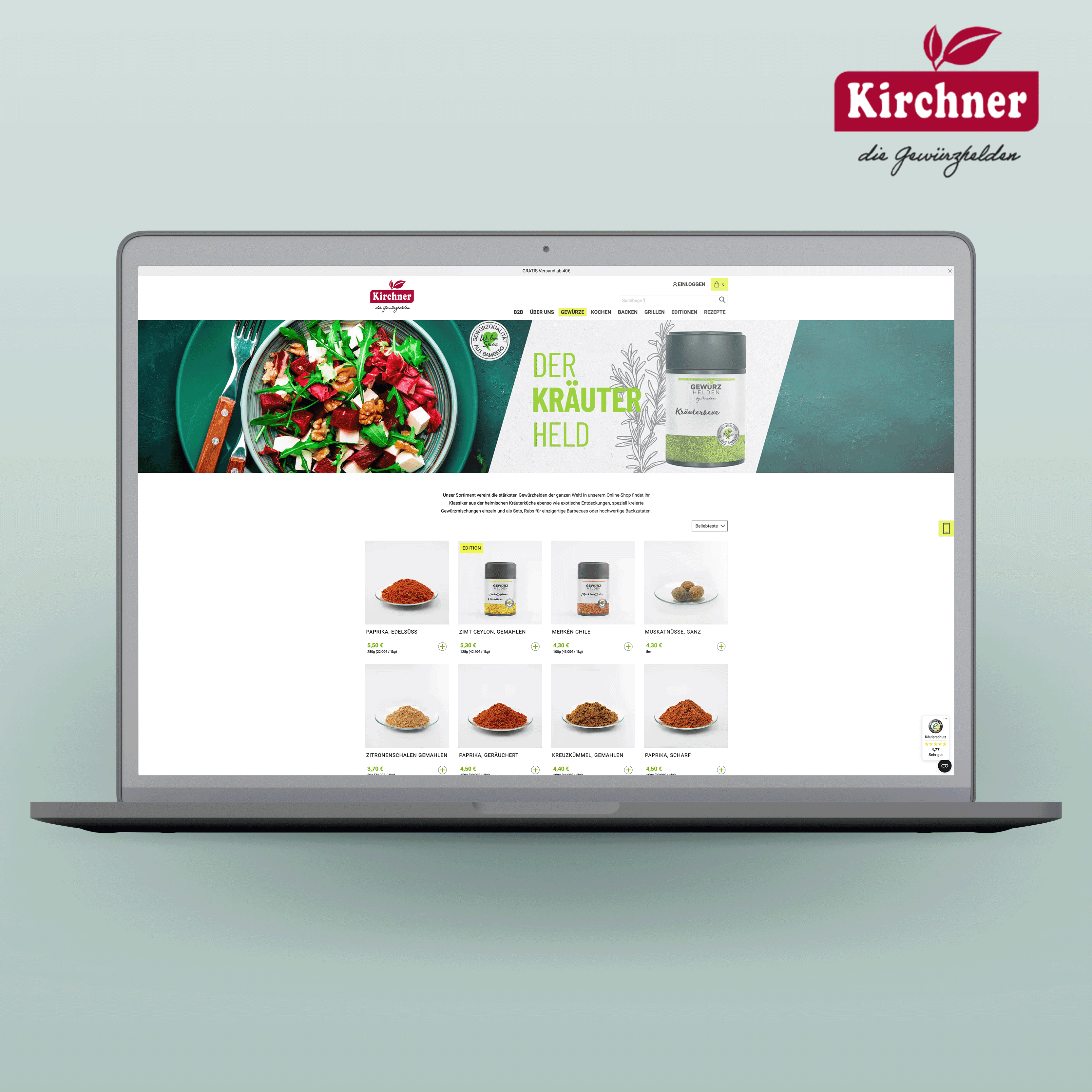Darstellung Startseite Kirchner Gewürze Shopify Onlineshop auf Laptop
