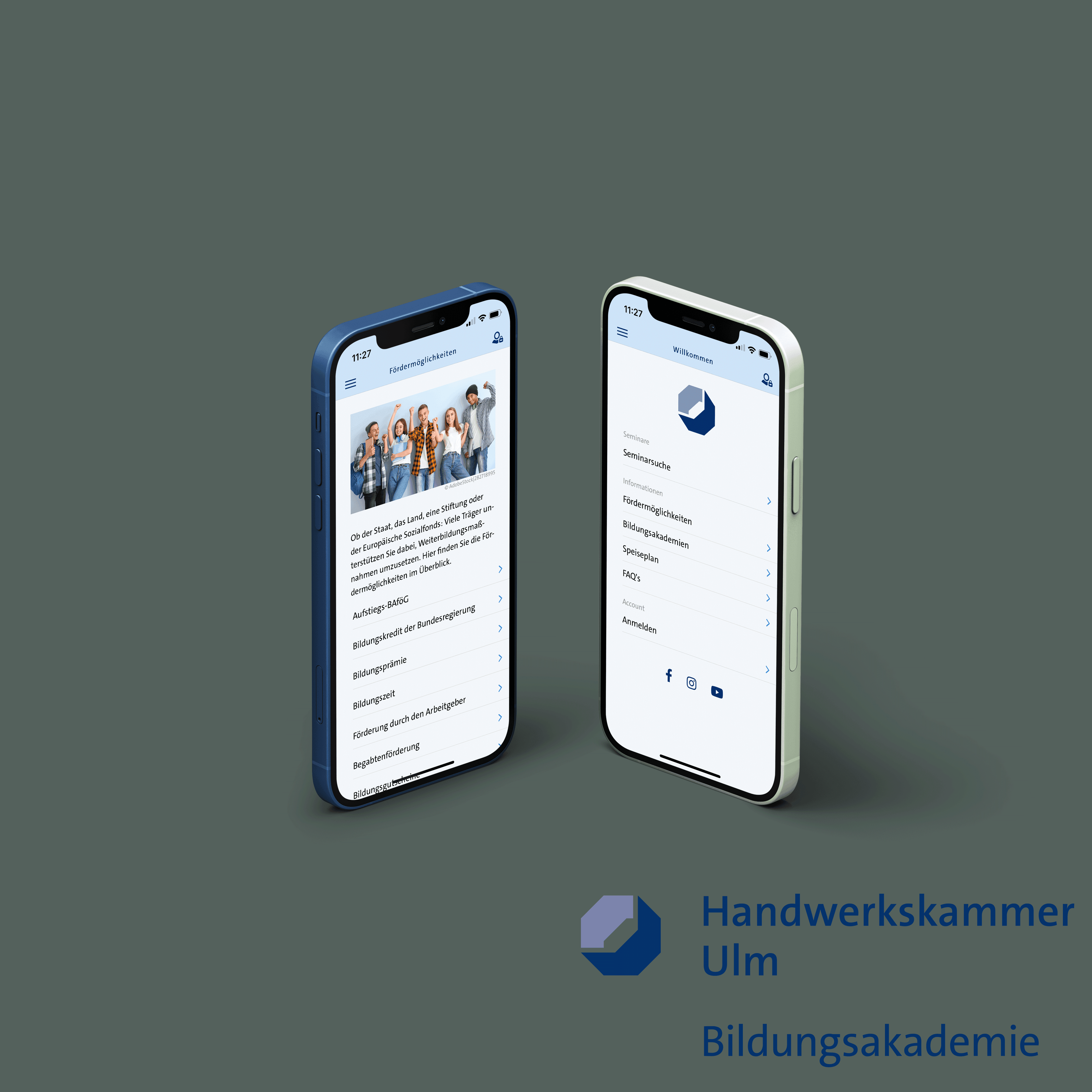 Mockup zwei iPhones der HWK BiA Ulm App auf grünem Hintergrund und dem Logo der Bildungsakademie