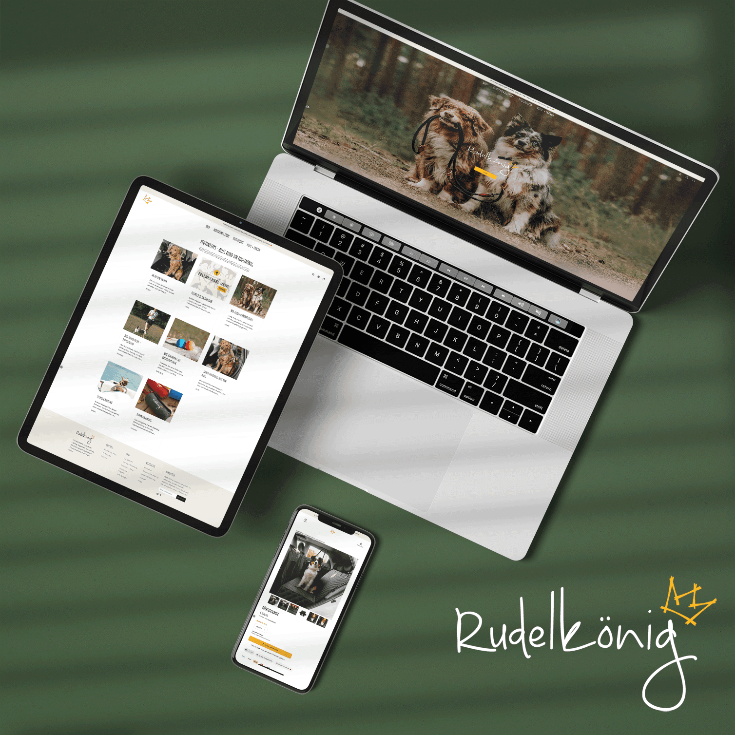Darstellung Rudelkönig Onlineshop auf iPhone, iPad und Macbook.